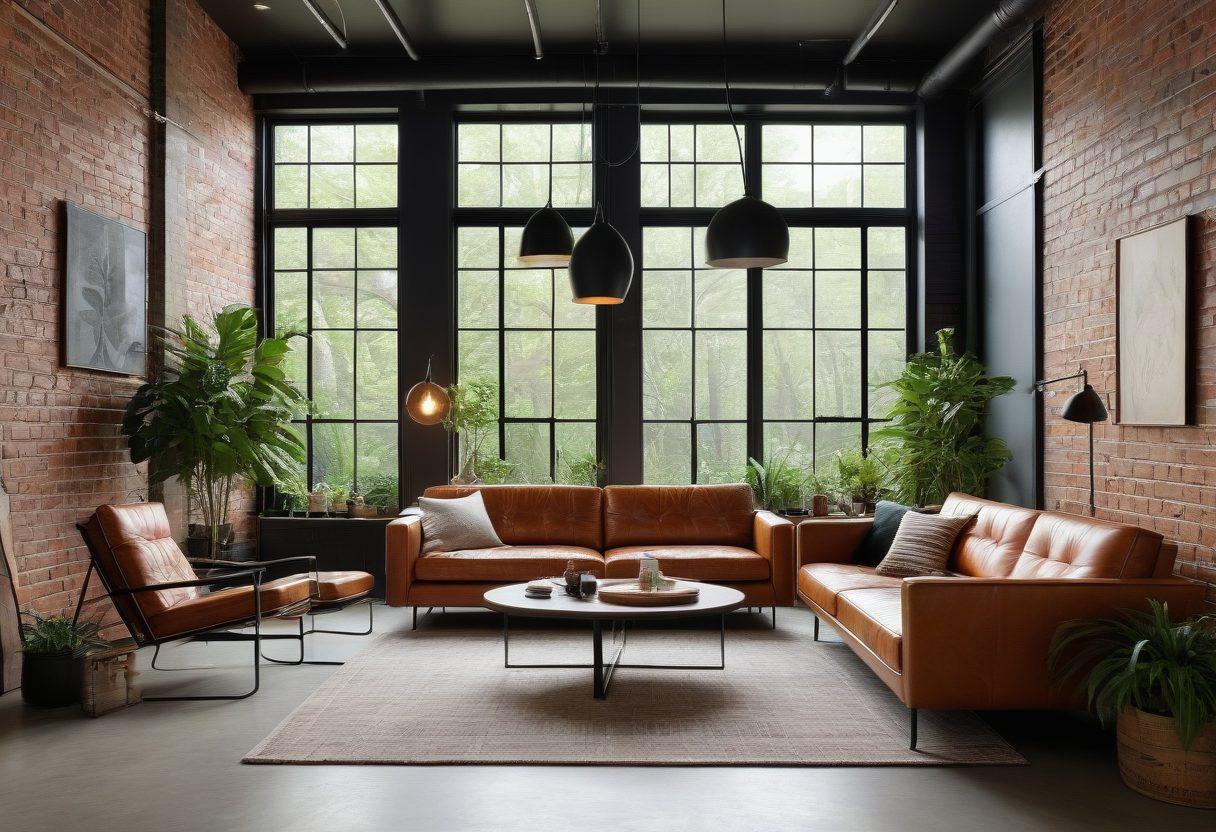 A stunning industrial design interior featuring exposed brick walls, large metal beams, and floor-to-ceiling windows flooding the space with natural light. Include retro furniture pieces, unique light fixtures, and lively plants to create a cozy yet modern atmosphere. Showcase a blend of warm and cool tones to highlight the aesthetics. super-realistic. vibrant colors. 3D.