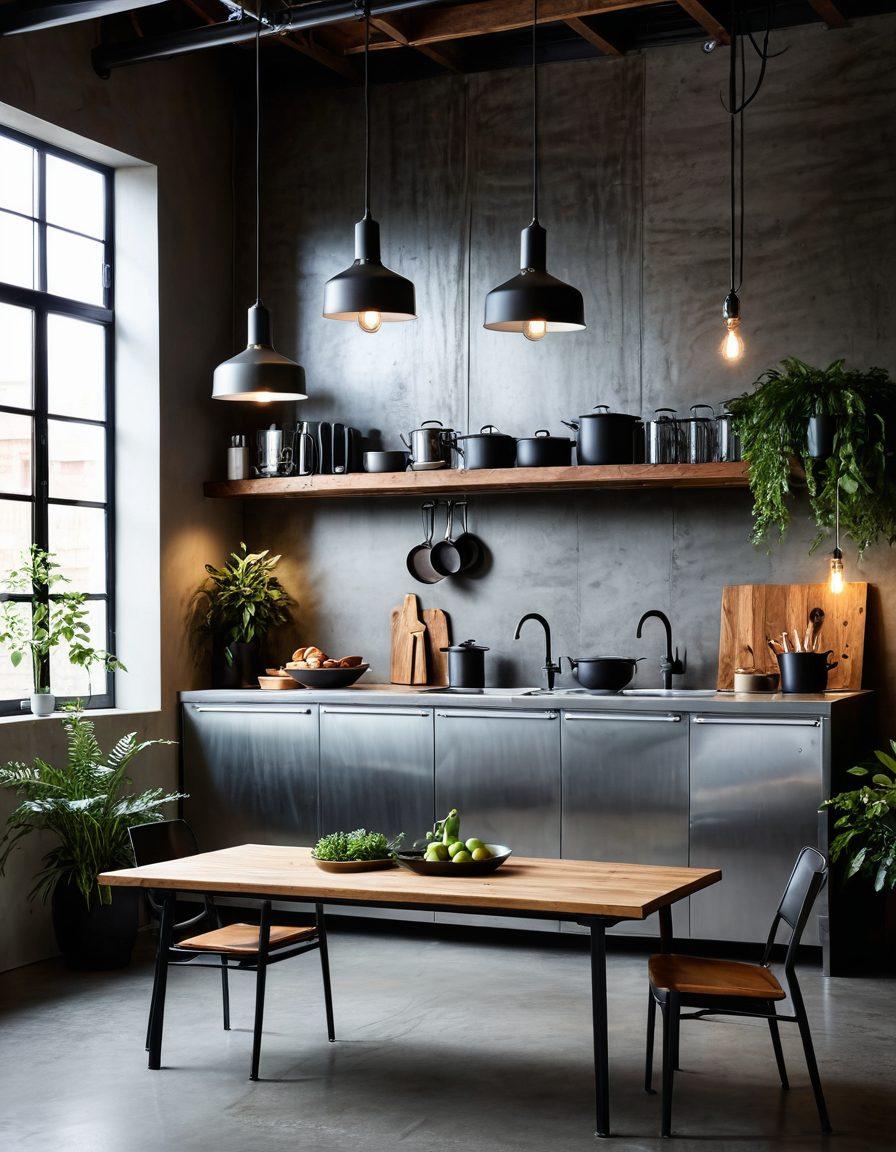 A captivating collage featuring sleek industrial products such as metal furniture, minimalist lighting fixtures, and stylish kitchenware, set against a backdrop of a modern loft style warehouse. Showcase textures of brushed steel, warm wood, and soft fabric, with warm lighting highlighting their beauty. Include subtle greenery to add contrast and a touch of nature. The composition should evoke a sense of charm and style, blending functionality with aesthetic appeal. vibrant colors. modern design. super-realistic.